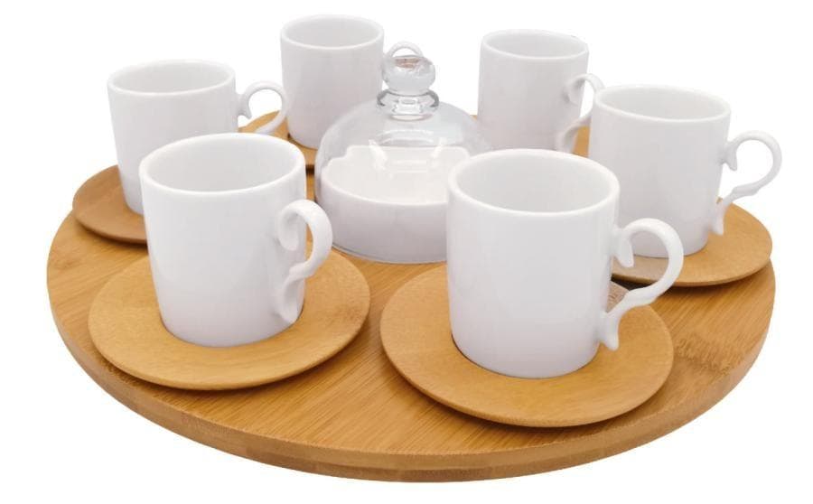 Ceramic Mug and Lidded Jar Set on Round Bamboo Tray