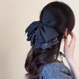 Navy Satin Bow Claw Clip with Beaded Trim