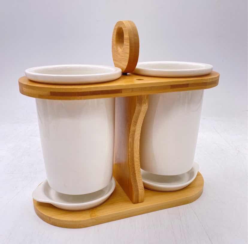 2-Piece Ceramic Cutlery Drainer Set on Bamboo Stand with Ring Handle