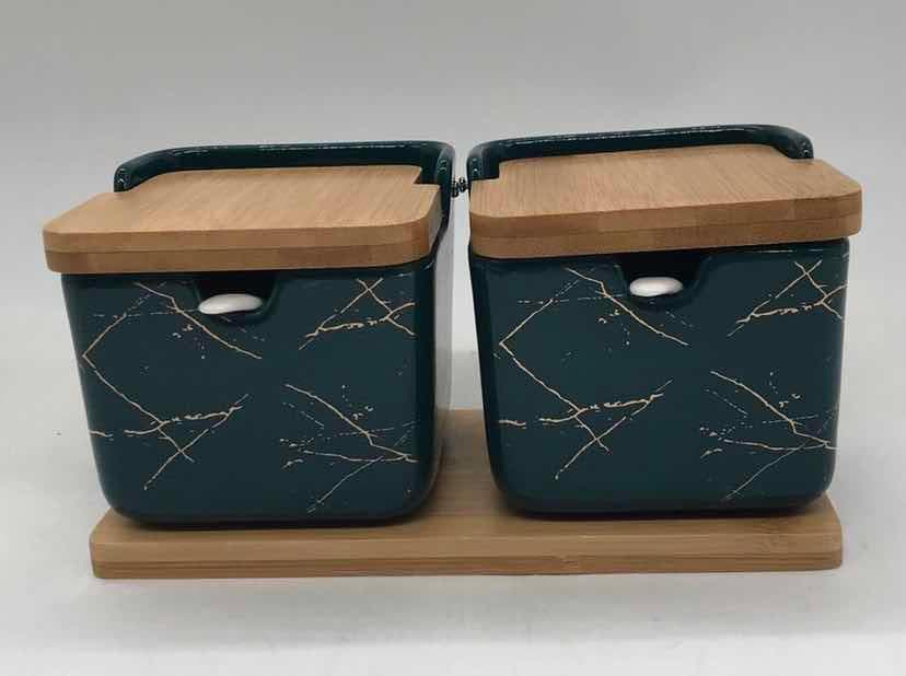2-Piece Large Marble-Effect Ceramic Storage Jar Set with Bamboo Lids, Dark Green