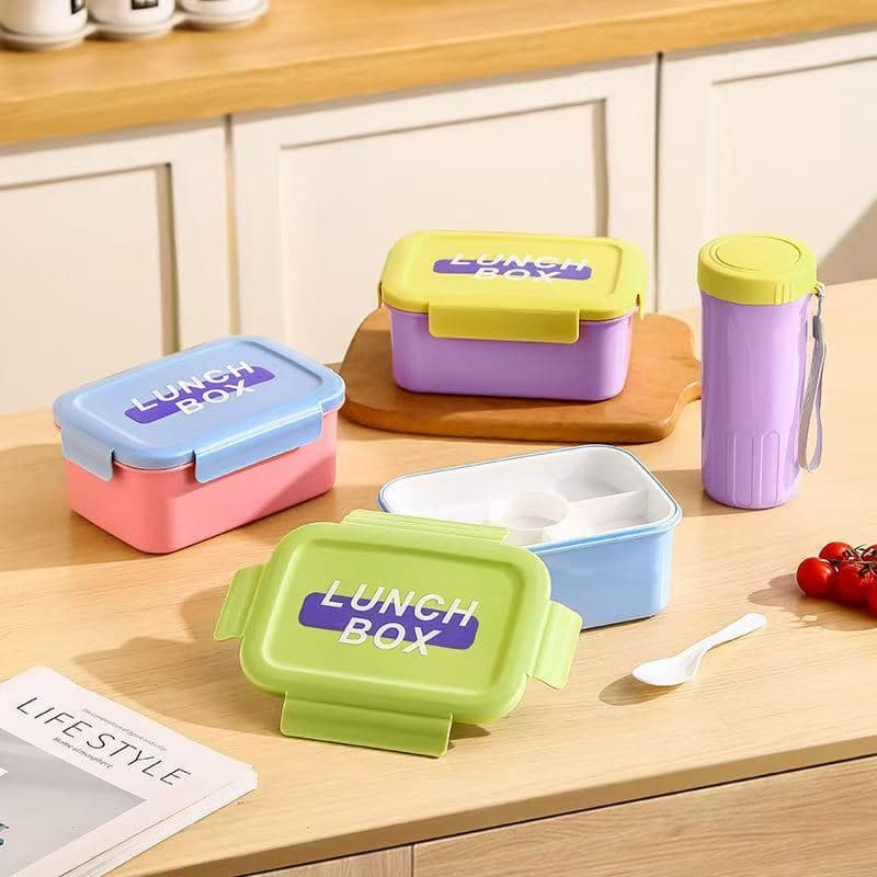 304 Stainless Steel 2-Compartment Lunch Box, 700 ml, 18 x 12.5 x 8 cm, with Spoon and Fork