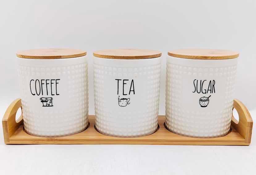 3-Piece Dotted Ceramic Coffee, Tea and Sugar Canister Set on Bamboo Tray