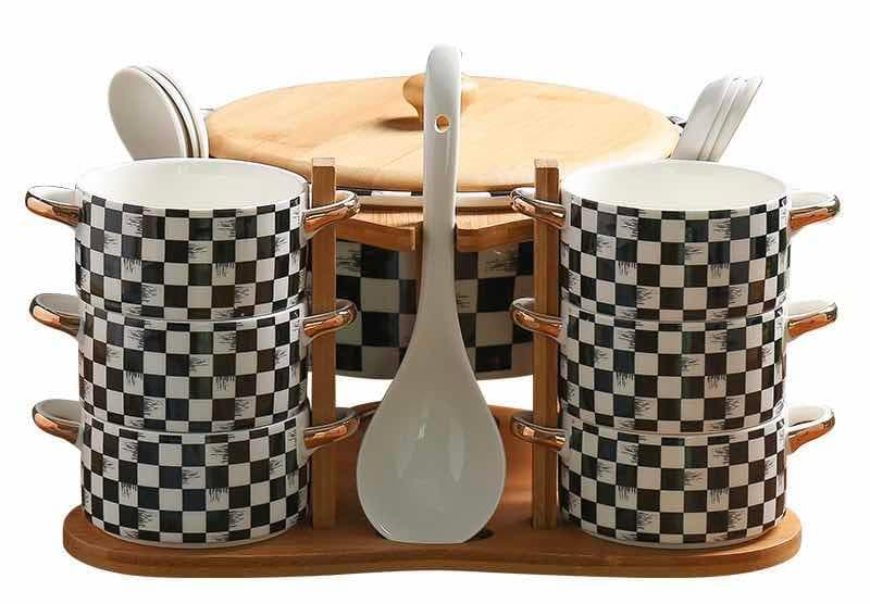 6-Piece Chequerboard Ceramic Mug Set with Spoons on Bamboo Stand