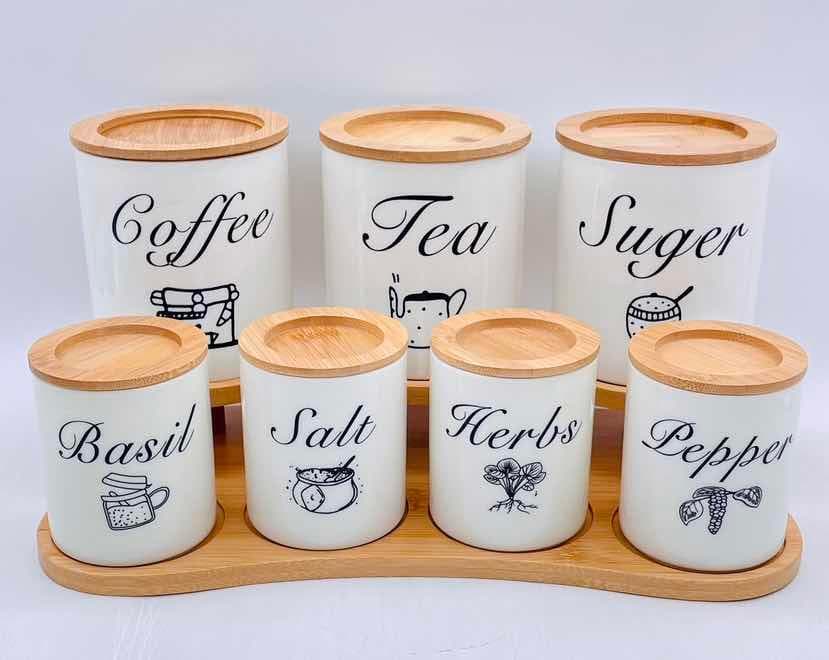 7-Piece Labelled Ceramic Canister and Spice Jar Set on Bamboo Tray