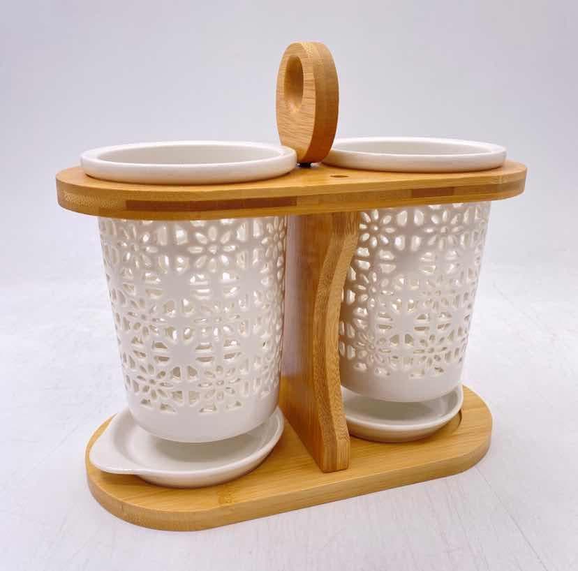 2-Piece Pierced Ceramic Cutlery Drainer Set on Bamboo Stand with Ring Handle