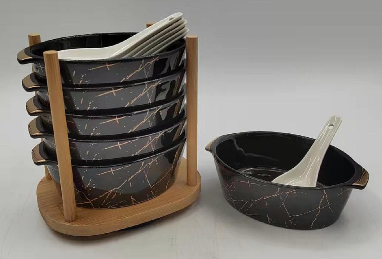 6-Piece Black Marble-Effect Ceramic Soup Bowl Set with Spoons on Bamboo Stand
