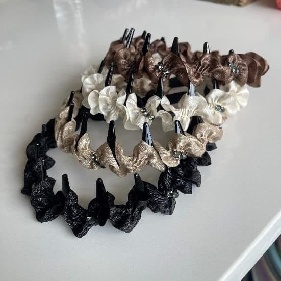Ruffled Flower Headband with Teeth, Black and Cream