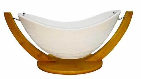 Ceramic Boat Bowl on Curved Bamboo Cradle, Medium