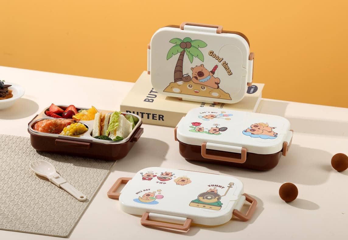 Stainless Steel 1-Compartment Lunch Box, 20.3 x 12.3 x 7.4 cm, with Spoon and Fork