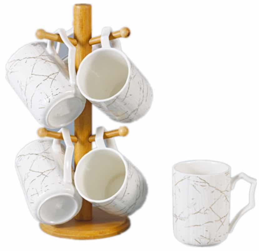 6-Piece Straight-Sided Marble-Effect Ceramic Mug Set on Bamboo Mug Tree
