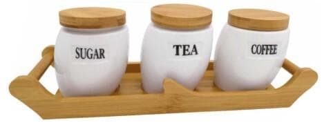 3-Piece Sugar, Tea and Coffee Ceramic Canister Set with Bamboo Lids on Tray