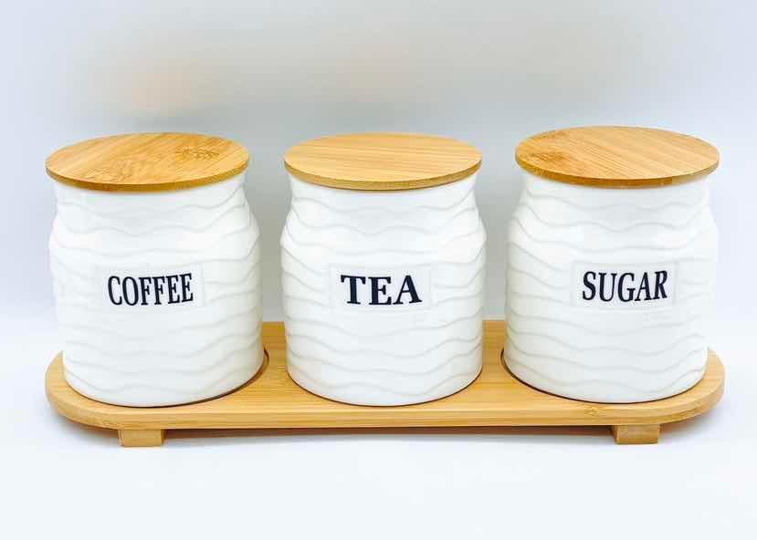 3-Piece Wave-Ribbed Ceramic Canister Set with Bamboo Lids on Bamboo Tray