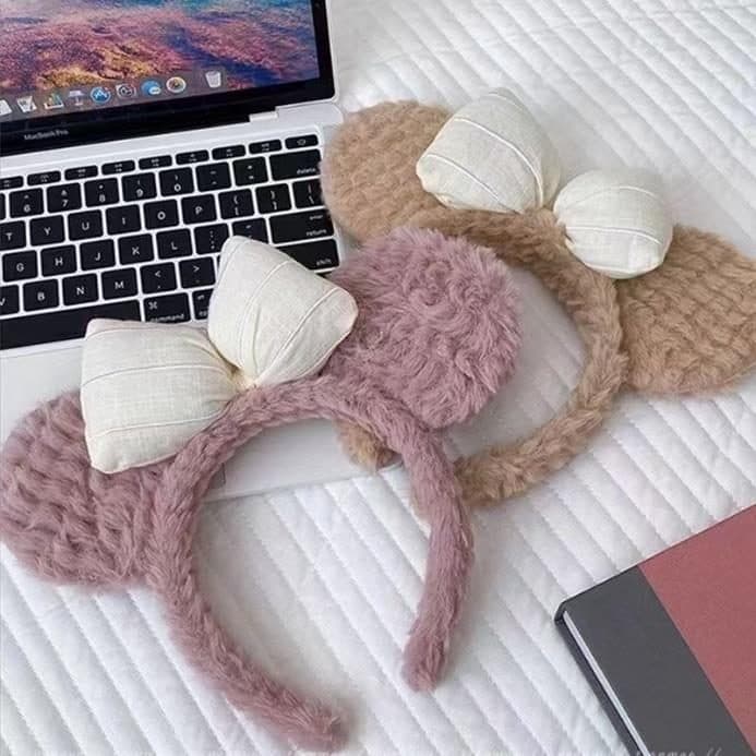Bear Ear Headband with Bow, Pink and Beige