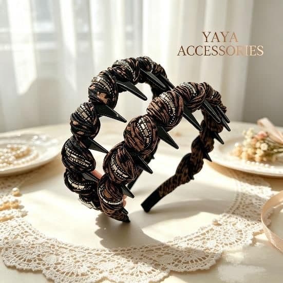 Braided Leopard Headband with Teeth, Brown