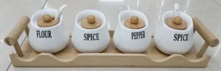 4-Piece Labelled Ceramic Spice Jar Set with Spoons on Bamboo Tray