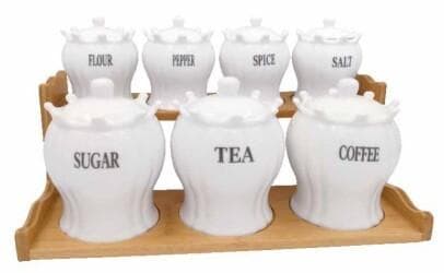 7-Piece Labelled Ceramic Canister and Spice Set with Ceramic Lids on Bamboo Tray