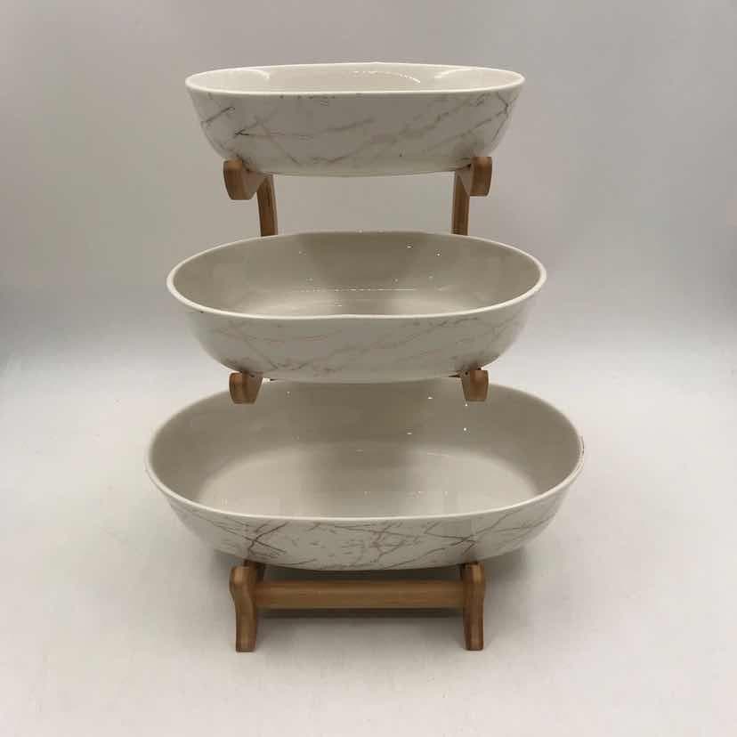 Tiered Marble-Effect Ceramic Serving Bowl Stand, Round