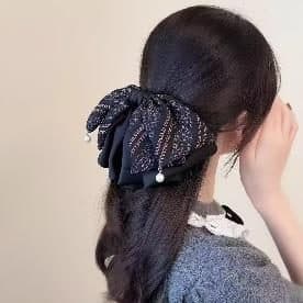 Navy Glitter Bow Claw Clip with Pearl