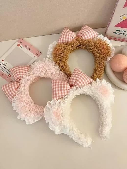 Bear Ear Spa Hair Band with Gingham Bow, Pink