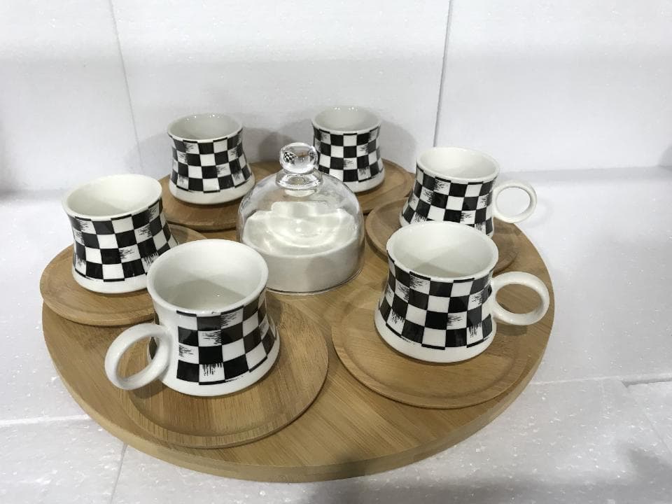 Chequerboard Ceramic Coffee Cup Set with Saucers on Round Bamboo Tray