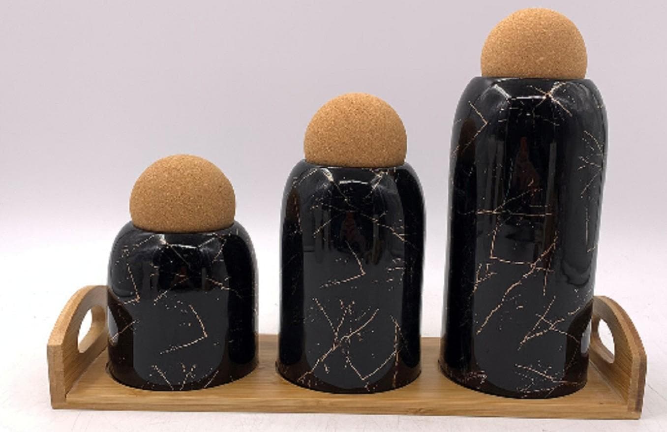 3-Piece Black Marble-Effect Ceramic Oil and Vinegar Bottle Set with Cork Stoppers on Bamboo Tray