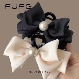 Satin Bow Claw Clip with Pearl, Black and Cream, 13 cm