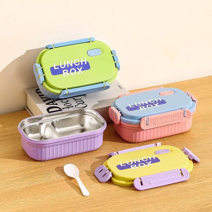 201 Stainless Steel 2-Compartment Lunch Box, 700 ml, with Spoon and Fork