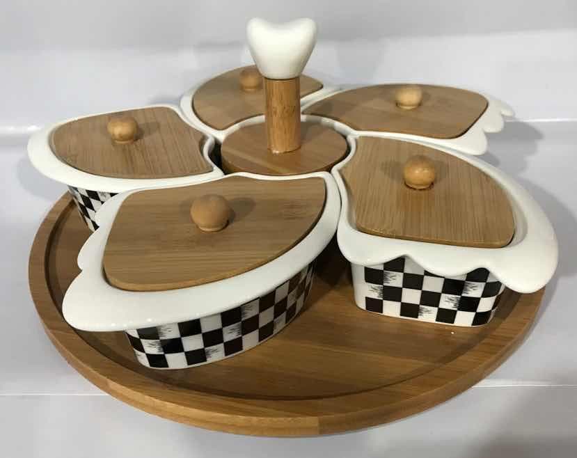 5-Piece Chequerboard Lidded Ceramic Dish Set on Rotating Bamboo Base with Ceramic Handle