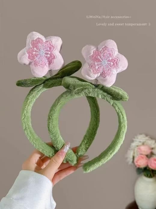 Flower Headband, Green and Pink