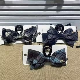 Check Print Bow Claw Clip, Blue and Grey, 13 cm