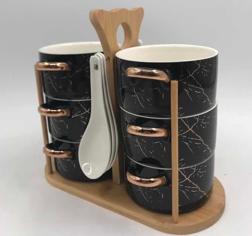 6-Piece Gold-Rimmed Black Marble-Effect Ceramic Bowl Set with Spoons on Bamboo Stand