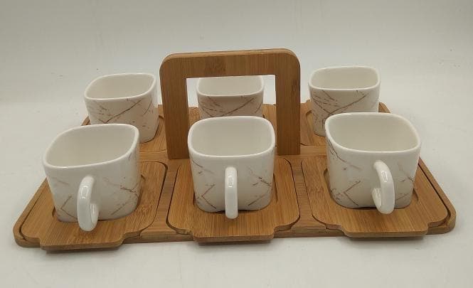Marble-Effect Ceramic Mug Set with Bamboo Coasters and Tray, White