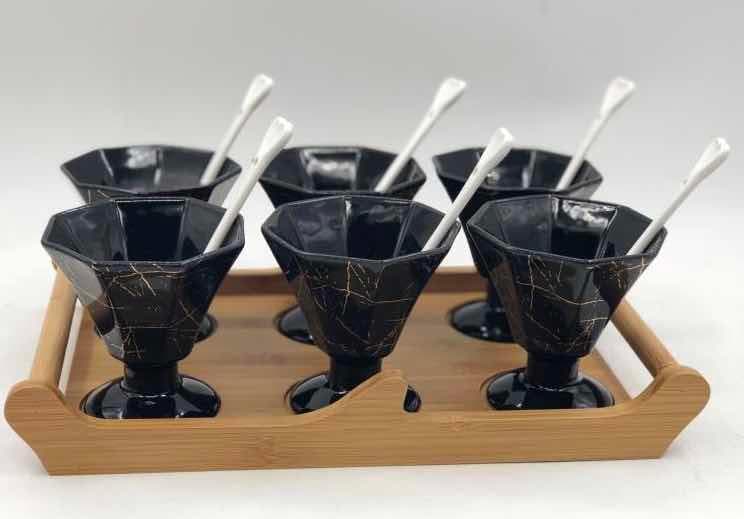 6-Piece Black Marble-Effect Ceramic Dessert Cup Set with Spoons on Bamboo Tray