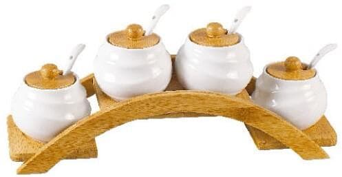 4-Piece Ceramic Spice Pot Set with Spoons on Arched Bamboo Stand