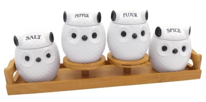 4-Piece Owl-Shaped Ceramic Spice Jar Set on Bamboo Tray