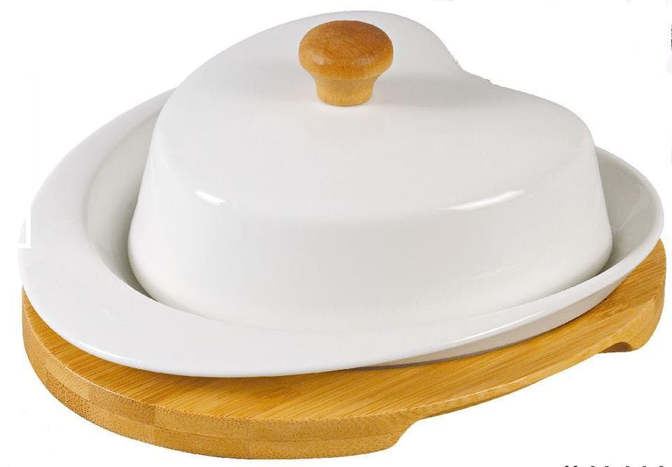 Oval Ceramic Butter Dish with Domed Lid on Bamboo Board, Small