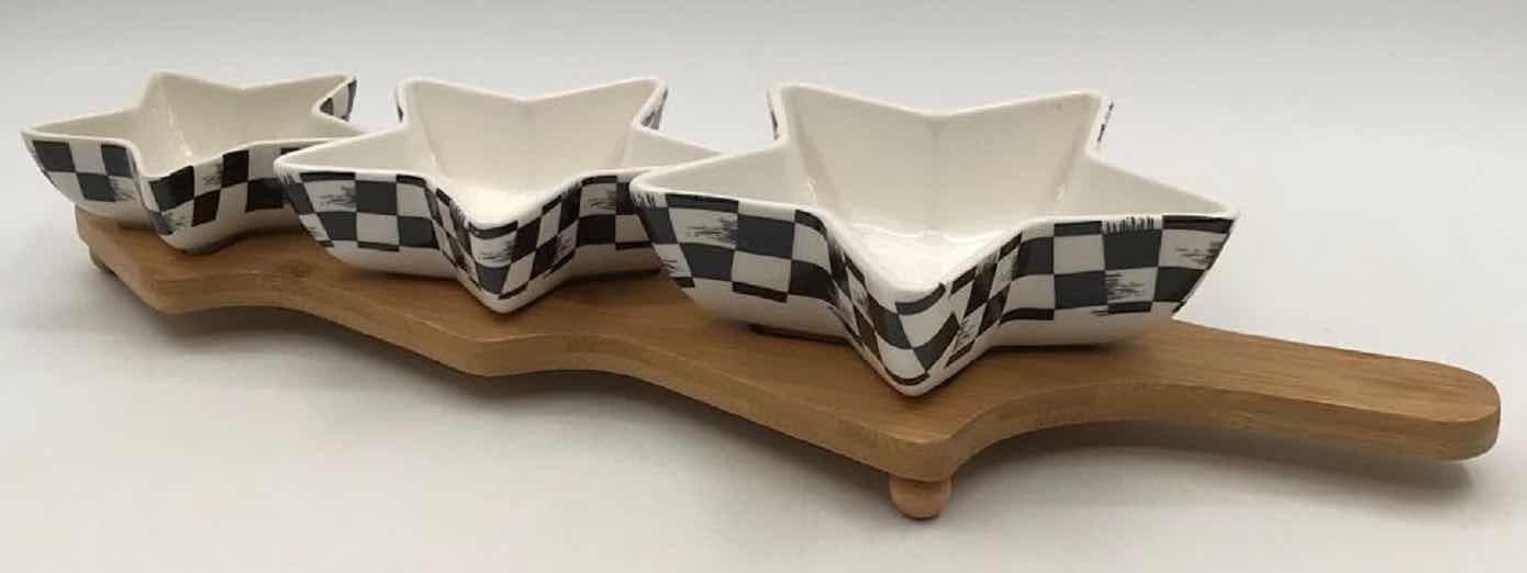 3-Piece Star-Shaped Chequerboard Ceramic Dip Bowl Set on Bamboo Paddle Board
