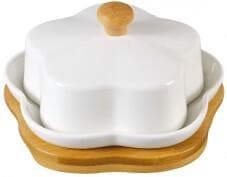 Flower-Shaped Ceramic Butter Dish with Domed Lid on Bamboo Board, Large