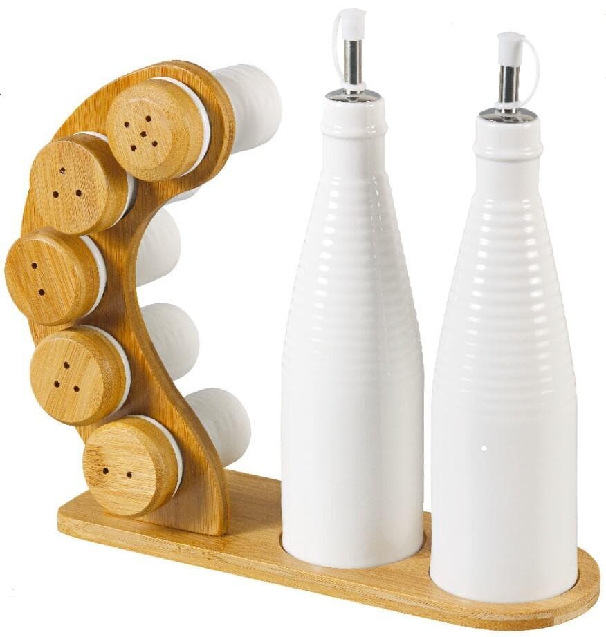 Ribbed Ceramic Oil and Vinegar Bottles with 6 Spice Shakers on Curved Bamboo Rack