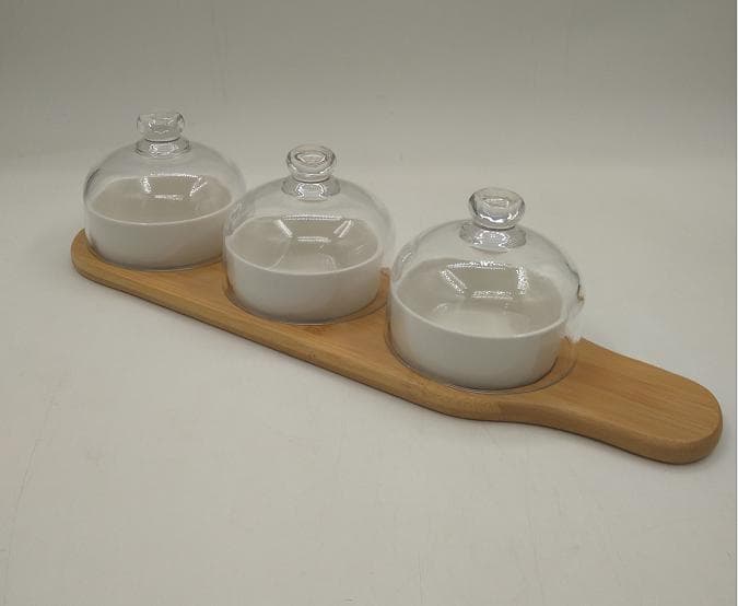 3-Piece Ceramic Dish Set with Glass Domes on Bamboo Paddle Board, Large