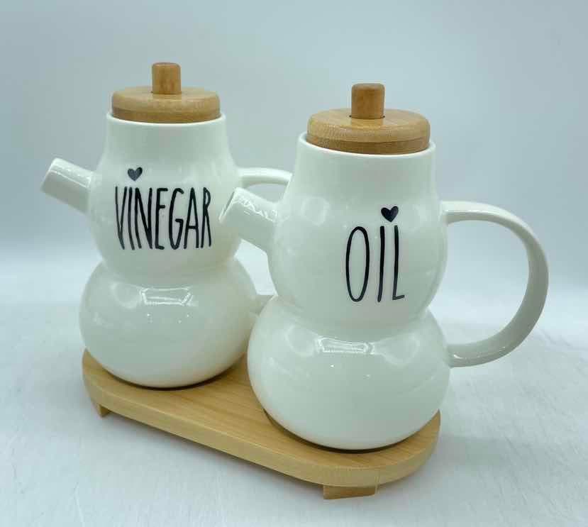 Ceramic Oil and Vinegar Jug Set on Bamboo Base