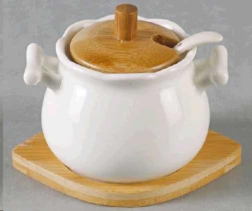 Ceramic Sugar Pot with Bamboo Lid and Spoon on Bamboo Coaster, Large