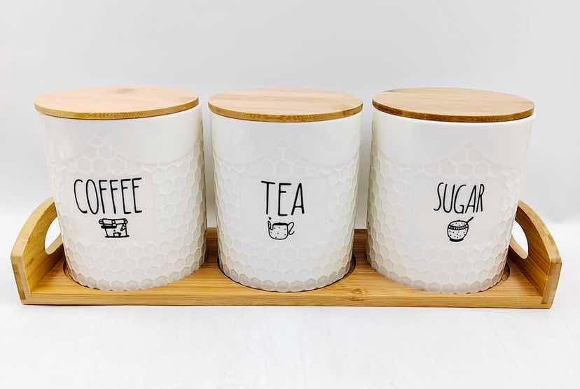 3-Piece Fine-Weave Ceramic Coffee, Tea and Sugar Canister Set on Bamboo Tray