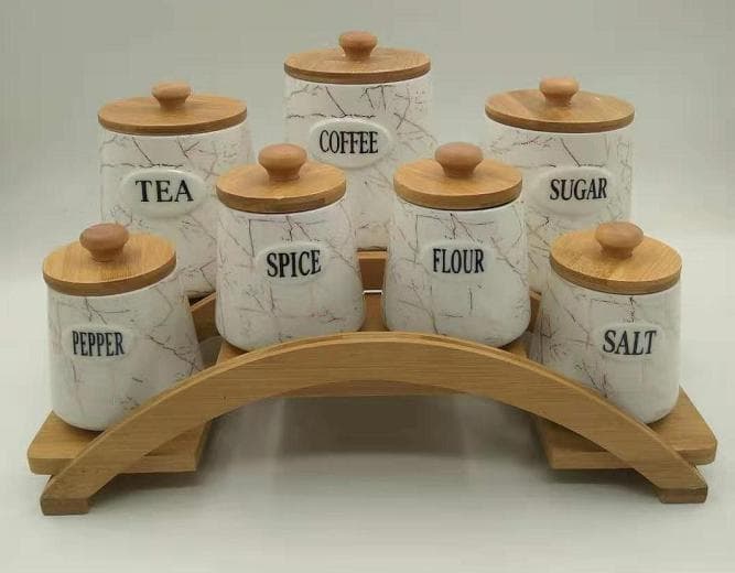 7-Piece Labelled Marble-Effect Ceramic Canister Set on Arched Bamboo Stand