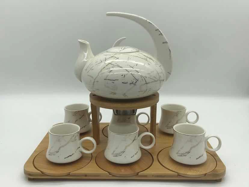 Marble-Effect Ceramic Teapot with Metal Warmer Stand and Six Cups on Bamboo Tray