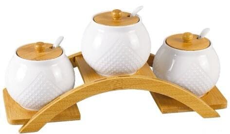 3-Piece Quilted Ceramic Spice Pot Set with Spoons on Arched Bamboo Stand