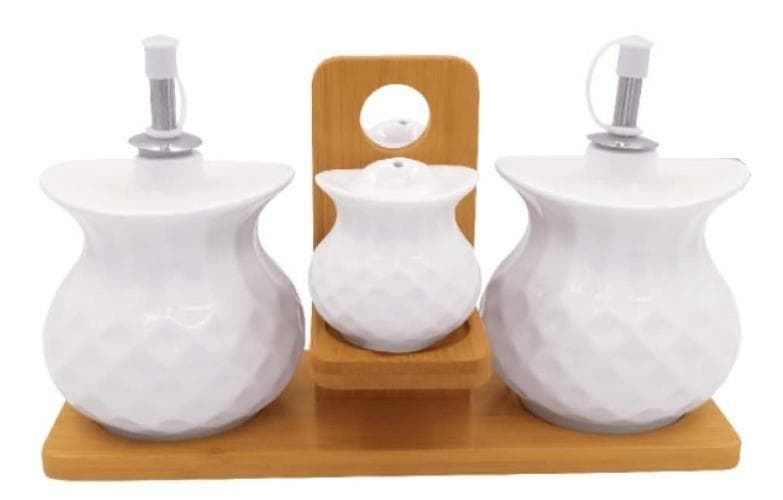 Dimpled Ceramic Oil and Vinegar Set with Shaker on Bamboo Stand