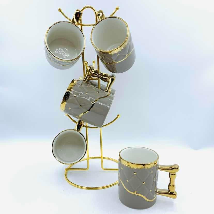 6-Piece Gold-Rimmed Ceramic Mug Set on Gold Metal Mug Tree, Grey