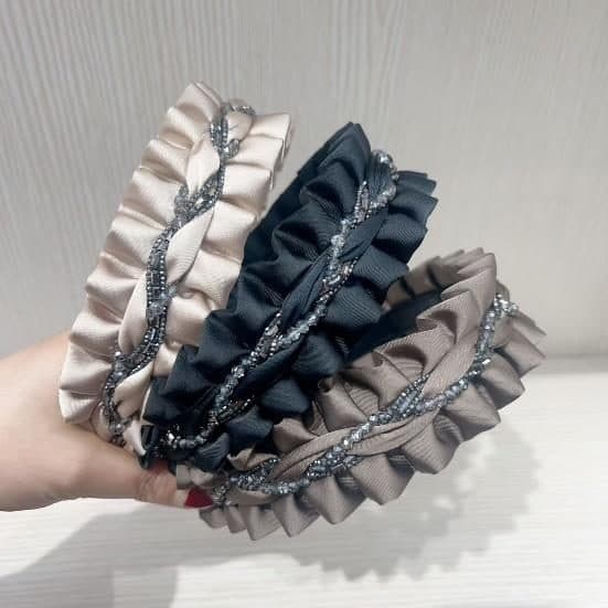 Pleated Ruffle Headband with Rhinestone Braid, Cream and Navy