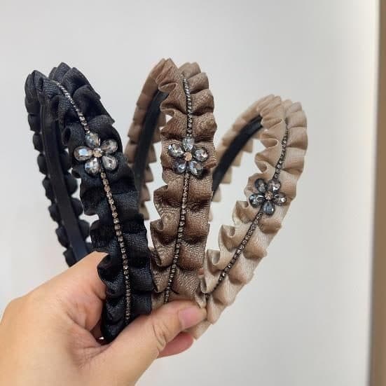Ruffled Crystal Flower Headband, Black and Taupe Pair